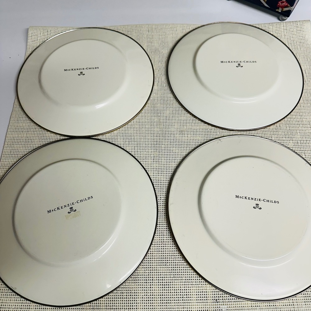 MacKenzie-Childs Parchment Check Yellow Enamel Salad Plates Vintage 4 Piece Set - Picture 6 of 8